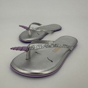 TKEES Toddler Girl's Mini Unicorn Flip-Flop Sandals in Silver Sparkled sz 9/10